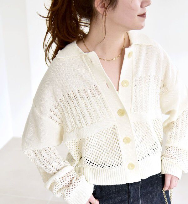quaranciel「quaranciel:〈手洗い可能〉透かし編み 襟付き ニット カーディガン」|カーディガン|