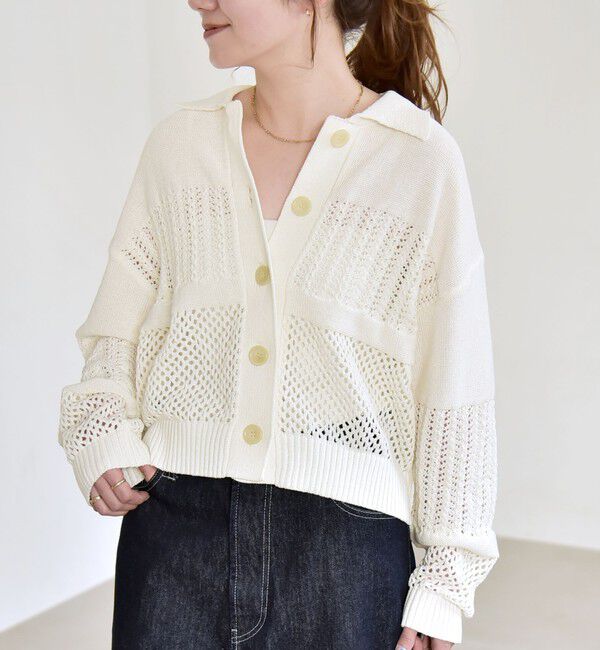 quaranciel「quaranciel:〈手洗い可能〉透かし編み 襟付き ニット カーディガン」|カーディガン|