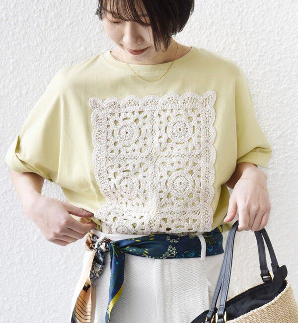 SHIPS for women「【WEB限定】〈汗染み防止/手洗い可能〉クロシェ ドッキング ショート スリーブ TEE」|Tシャツ・カットソー|イエロー系