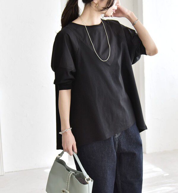 quaranciel「《予約》quaranciel:〈接触冷感/汗染み防止加工/洗濯機可能〉ドッキング Aライン カットソー」|Tシャツ・カットソー|ブラック