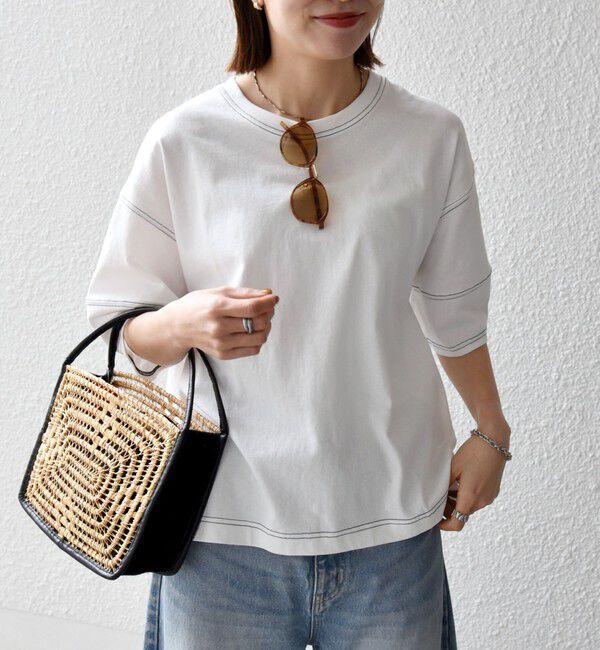 SHIPS any「《予約》SHIPS any:〈抗菌防臭/洗濯機可能〉USAコットン 配色 ステッチ ワイド TEE」|Tシャツ・カットソー|