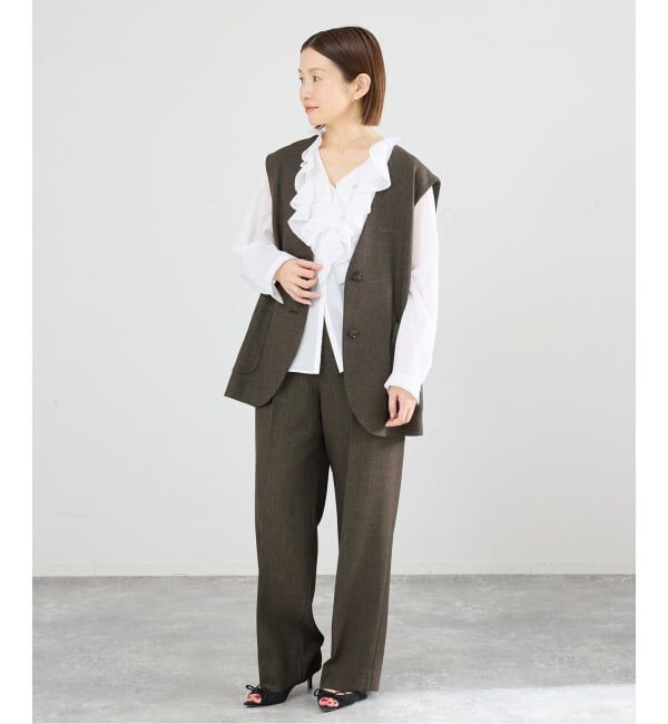 IENA「《セットアップ対応》ウォッシャブル シャークツイードセミワイドパンツ」|スラックス|