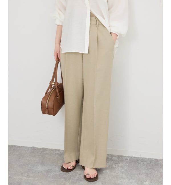 IENA「《セットアップ対応》ウォッシャブル シャークツイードセミワイドパンツ」|スラックス|ベージュ