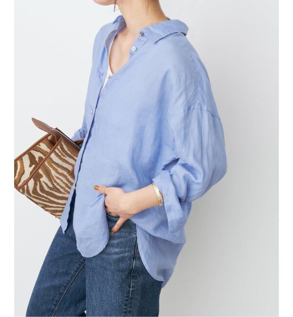 Spick and Span「《程よくすっきりサイズ / 追加予約》 80リネンカシュクール ミディシャツ」|シャツ・ブラウス|サックスブルー