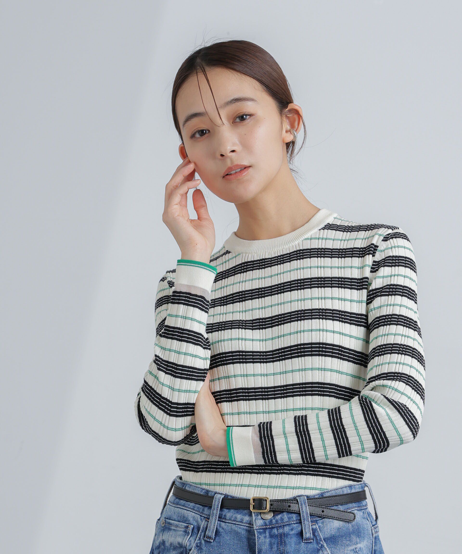 nano･universe「ランダムリブボーダーニットトップス(セットアップ可)」|ニット・セーター|ホワイト