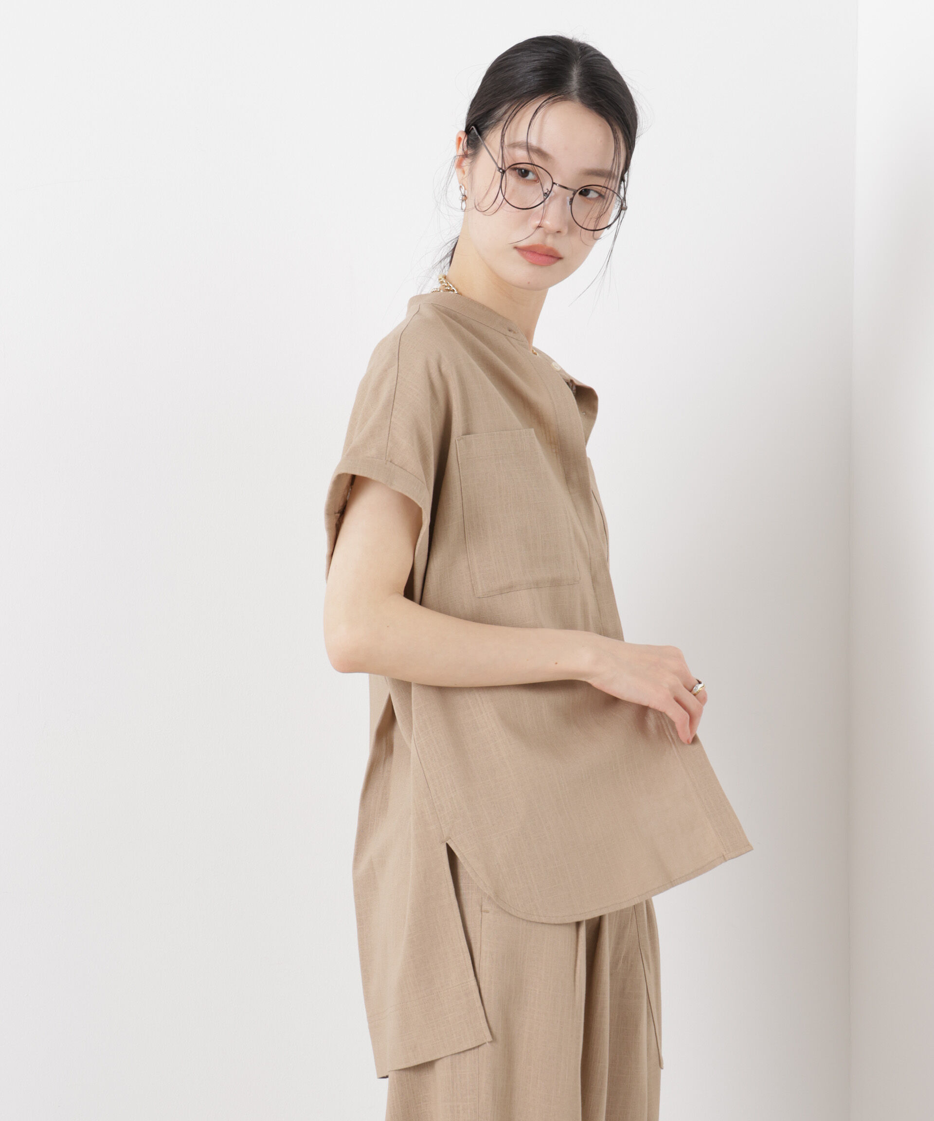 nano･universe「多機能ﾘﾈﾝ混ｽﾀﾝﾄﾞｶﾗｰﾄﾞﾙﾏﾝﾌﾚﾝﾁｽﾘｰﾌﾞｼｬﾂ(ｾ」|シャツ・ブラウス|