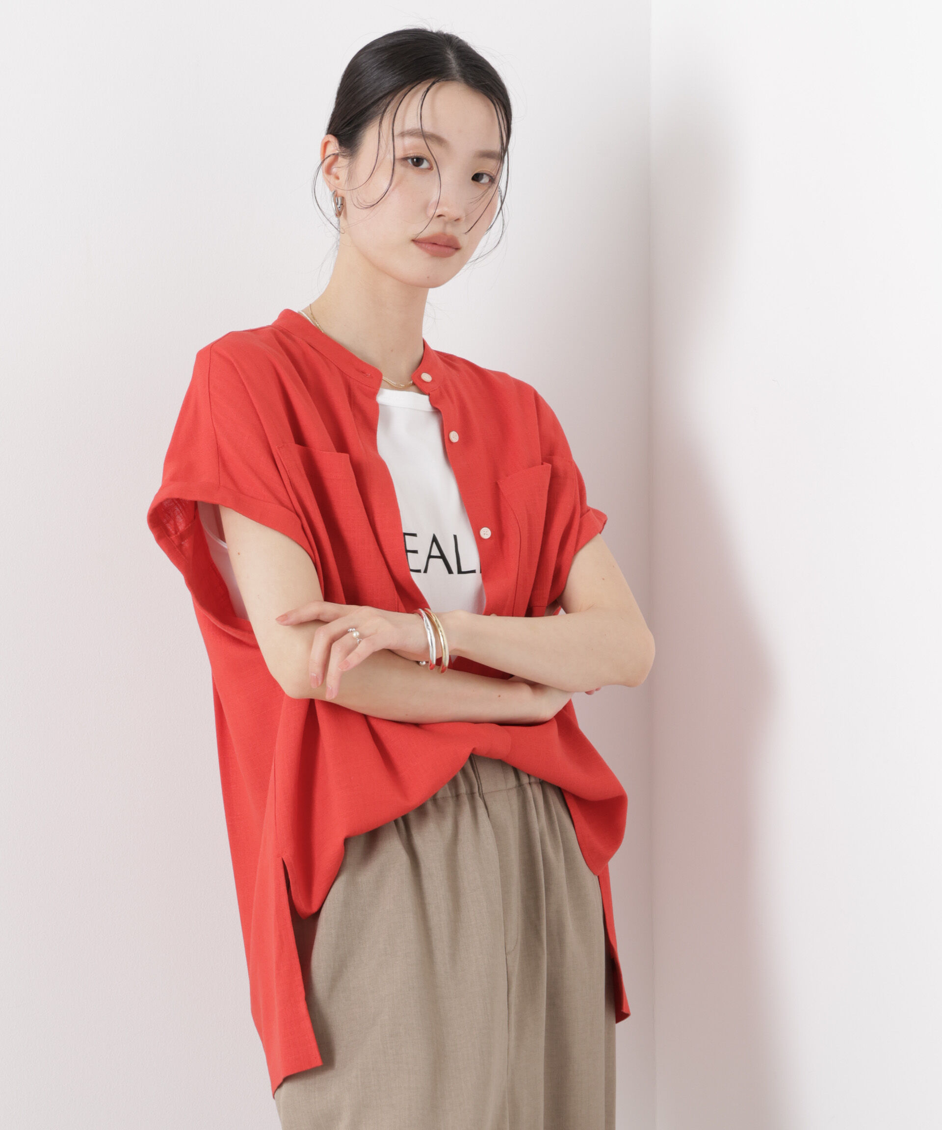 nano･universe「多機能ﾘﾈﾝ混ｽﾀﾝﾄﾞｶﾗｰﾄﾞﾙﾏﾝﾌﾚﾝﾁｽﾘｰﾌﾞｼｬﾂ(ｾ」|シャツ・ブラウス|レッド