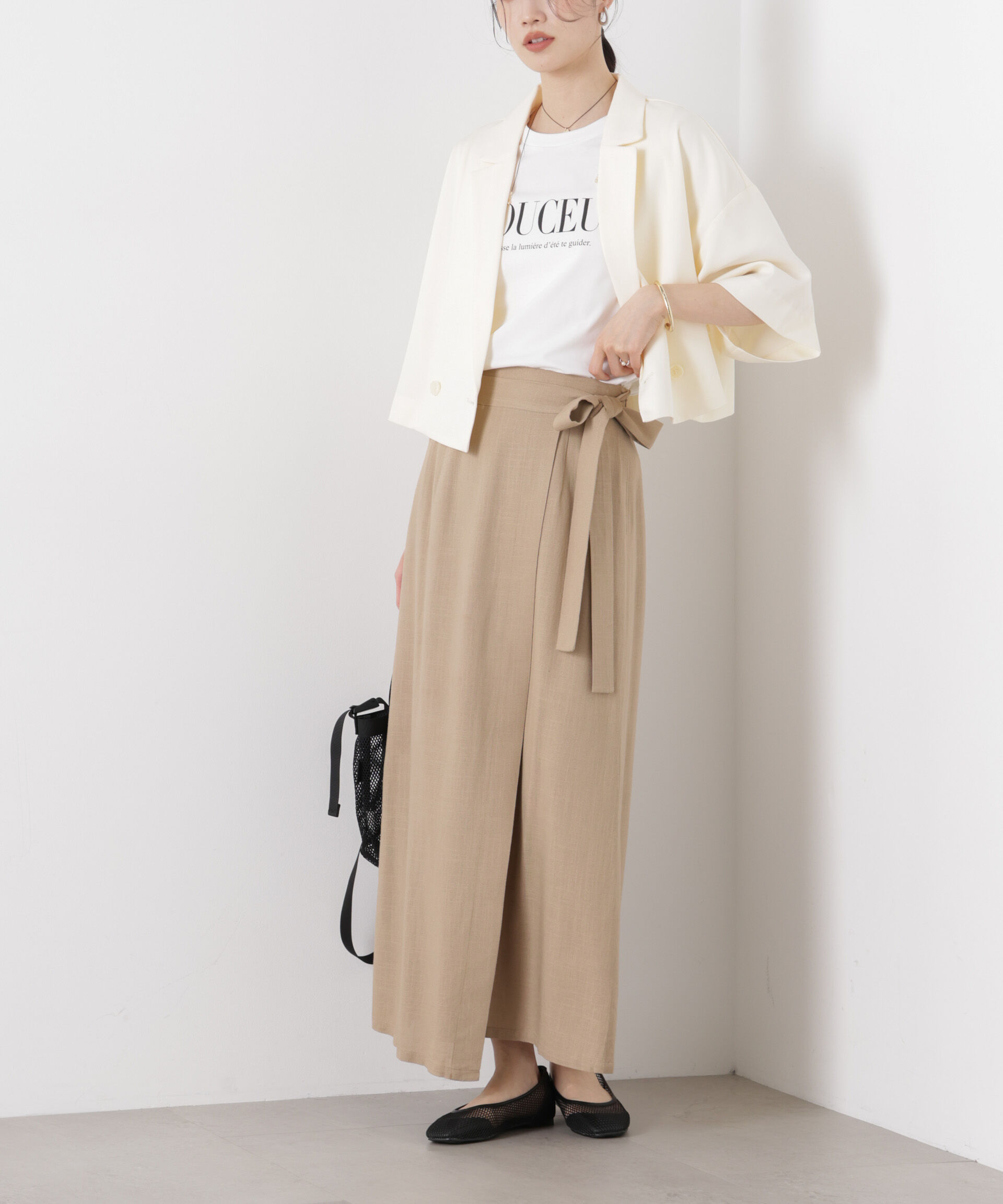 nano･universe「多機能リネン混ラップ風サイドリボンスカート(セットアップ可)」|スカート|ベージュ