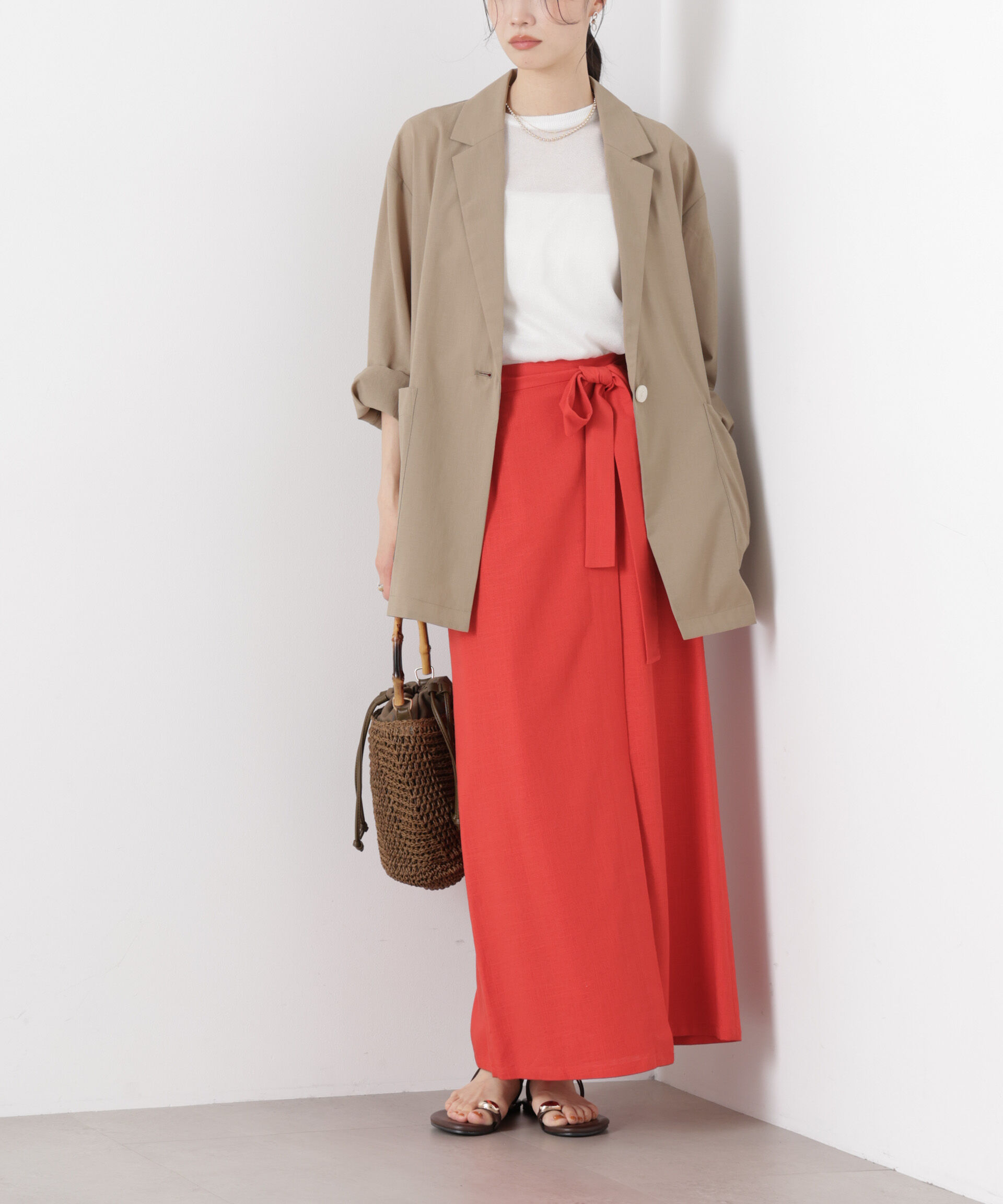 nano･universe「多機能リネン混ラップ風サイドリボンスカート(セットアップ可)」|スカート|レッド