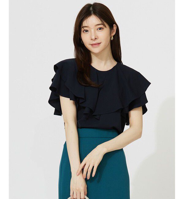 ANY SIS「【接触冷感・吸水速乾・UVカット】サラキレイ フリル ブラウス」|シャツ・ブラウス|ネイビー