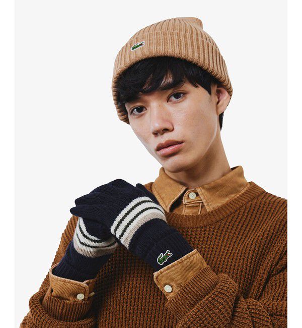 LACOSTE「エクストラファインラムウールボーダーニットグローブ」|手袋|