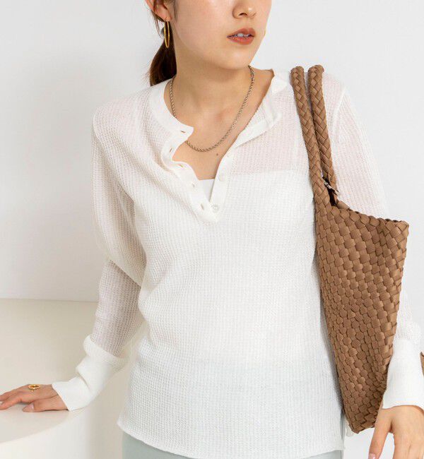 NOLLEY'S「《手洗い可能》ギマポリコットンワッフルヘンリーネックプルオーバー」|ニット・セーター|ホワイト