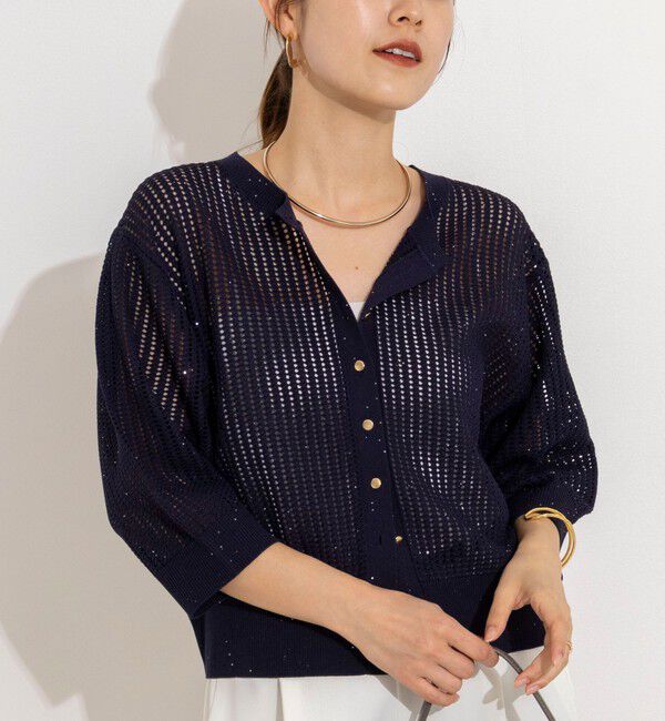 NOLLEY'S「《手洗い可能》メッシュスパンコール6分袖カーディガン」|カーディガン|ネイビー