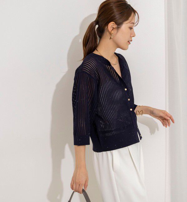 NOLLEY'S「《手洗い可能》メッシュスパンコール6分袖カーディガン」|カーディガン|