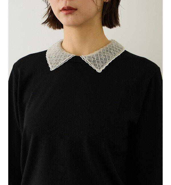 ROPE「ビジューレース襟ニットプルオーバー/イージーケア」|ニット・セーター|