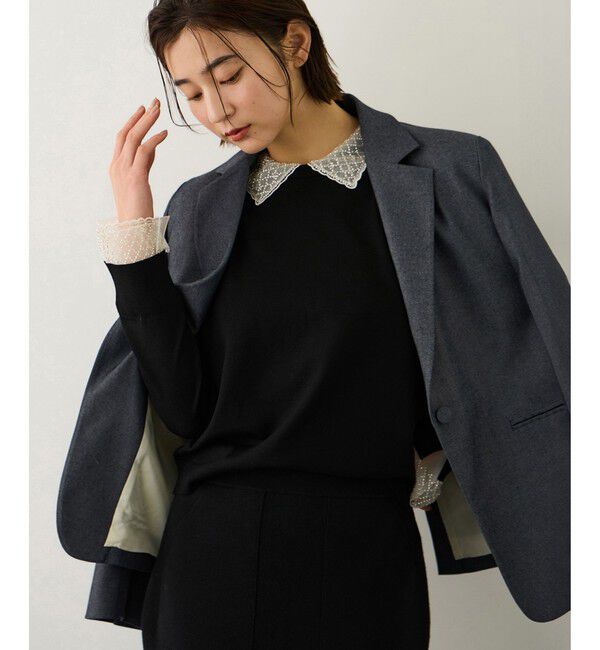 ROPE「ビジューレース襟ニットプルオーバー/イージーケア」|ニット・セーター|