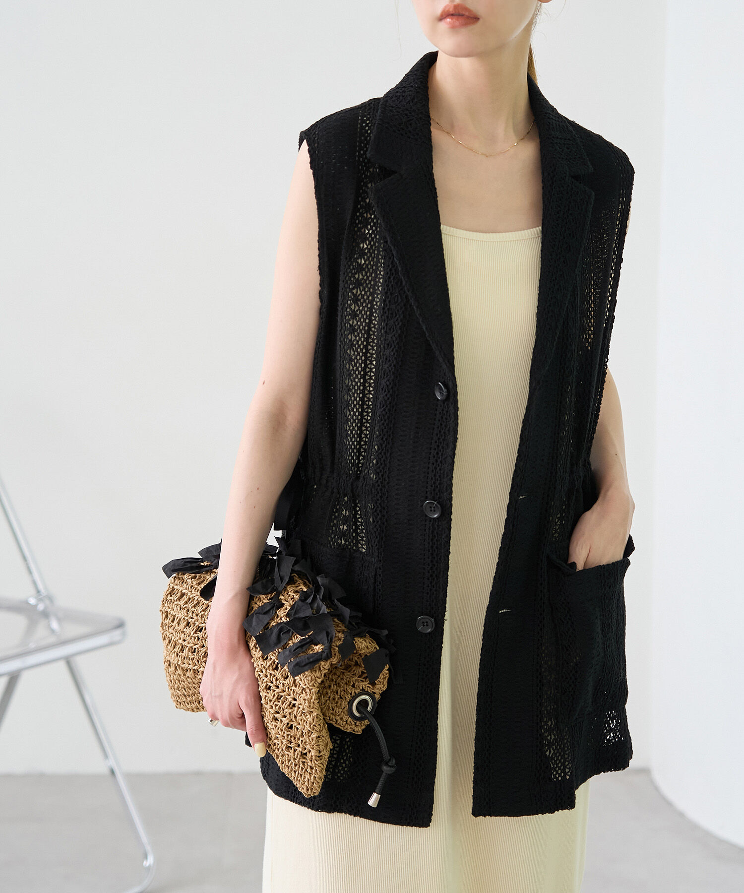 Rope&rsquo;Picnic「レースミリタリージレ」|ベスト・ジレ|ブラック(01)