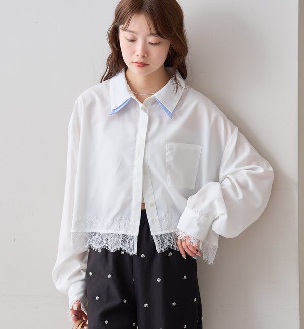  「ストライプ裾レースシャツ」|シャツ・ブラウス|オフホワイト