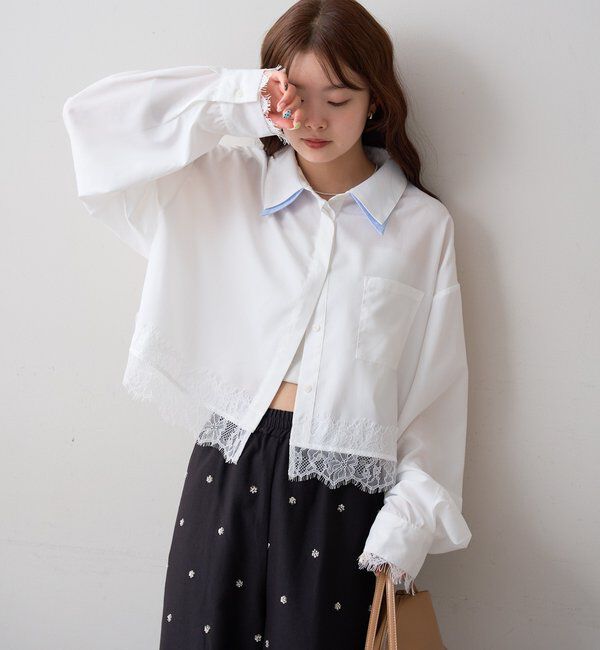  「ストライプ裾レースシャツ」|シャツ・ブラウス|