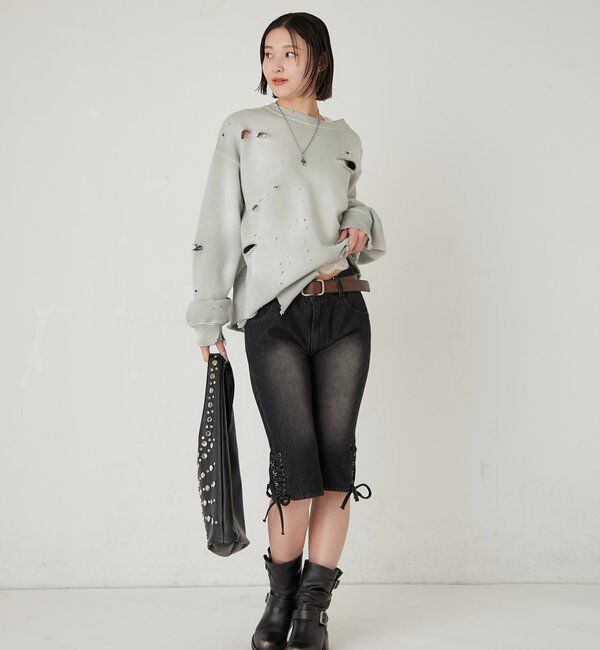  「レースアップデニムカプリパンツ」|デニム|