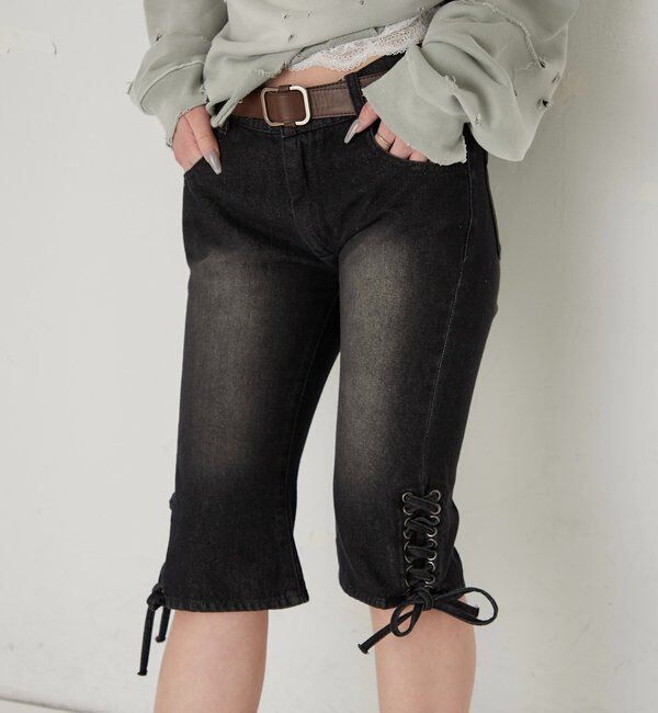  「レースアップデニムカプリパンツ」|デニム|ブラック