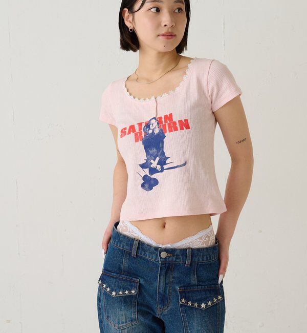  「シャーロットパターンメッシュS/Sトップス」|Tシャツ・カットソー|