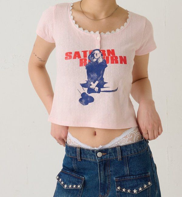  「シャーロットパターンメッシュS/Sトップス」|Tシャツ・カットソー|ピンク