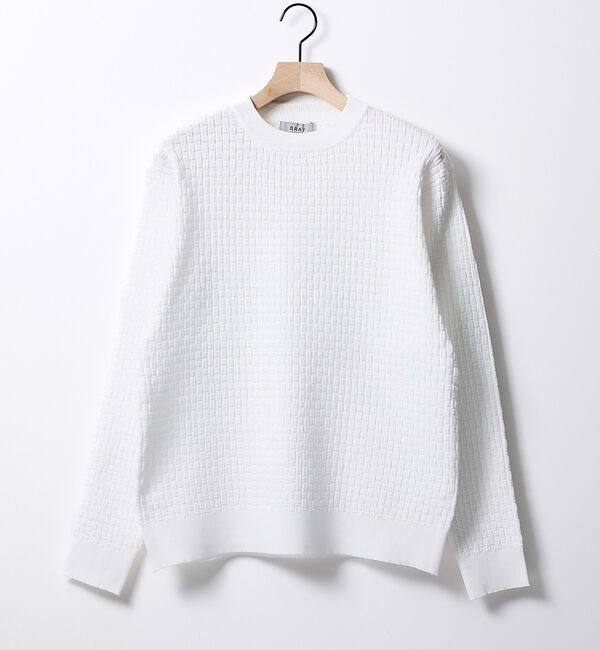 ABAHOUSE「【ハイストレッチ】ブロックチェック ジャガード クルーネックニット」|ニット・セーター|ホワイト