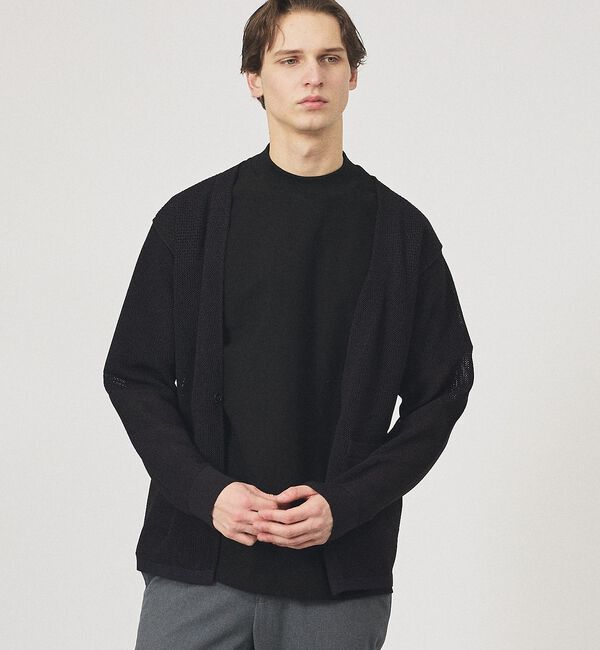 ABAHOUSE「2トーン シアーメッシュ 1ボタン カーディガン」|カーディガン|