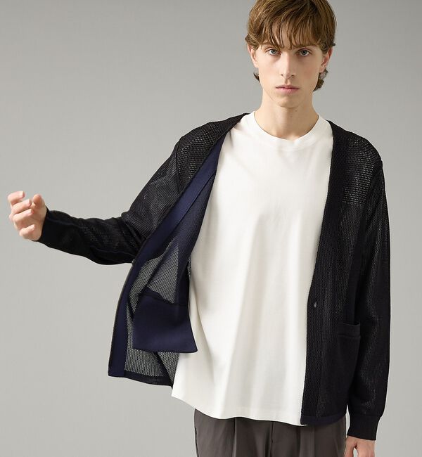 ABAHOUSE「2トーン シアーメッシュ 1ボタン カーディガン」|カーディガン|
