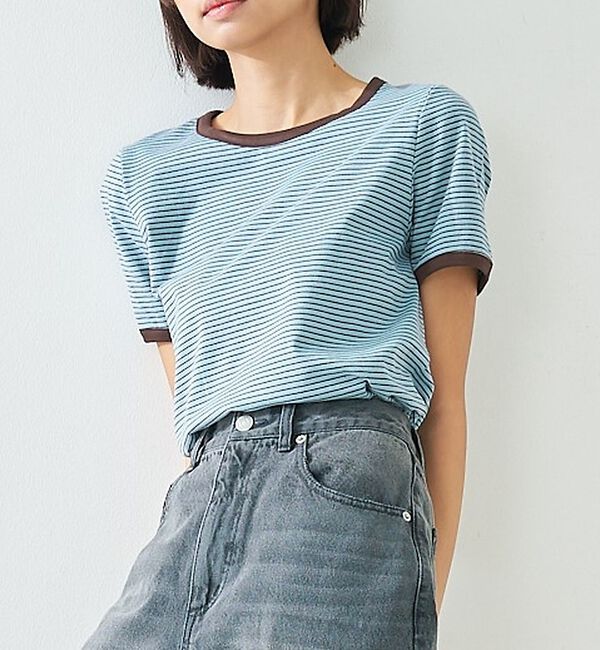 abahouse mavie「【リンガーT】ボーダーコンパクトTシャツ/夏服/半袖/スタイルアップ【予約】」|Tシャツ・カットソー|サックスブルー