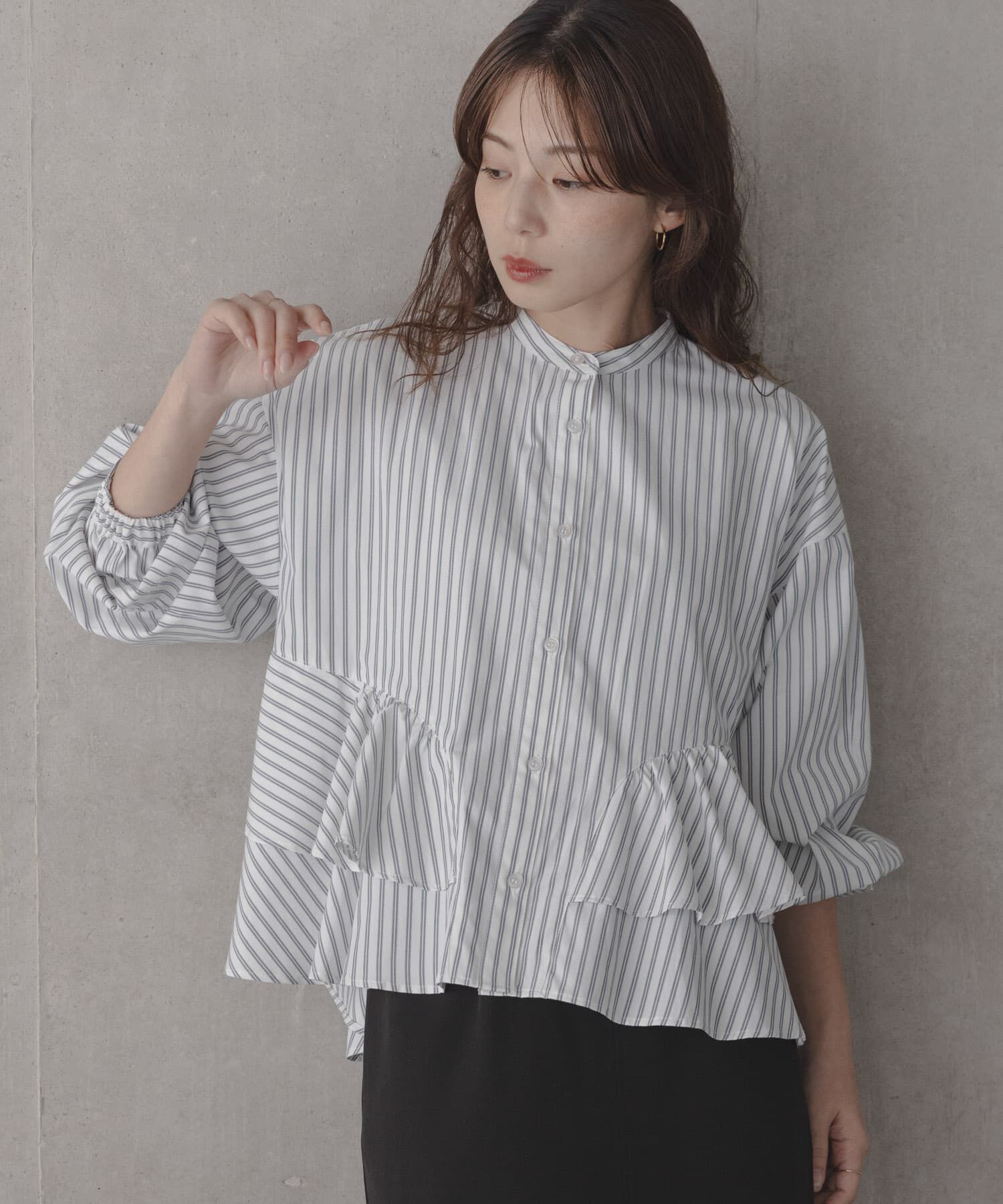 Sonny Label 「『WEB限定』バンドカラーフリルストライプシャツ」|シャツ・ブラウス|