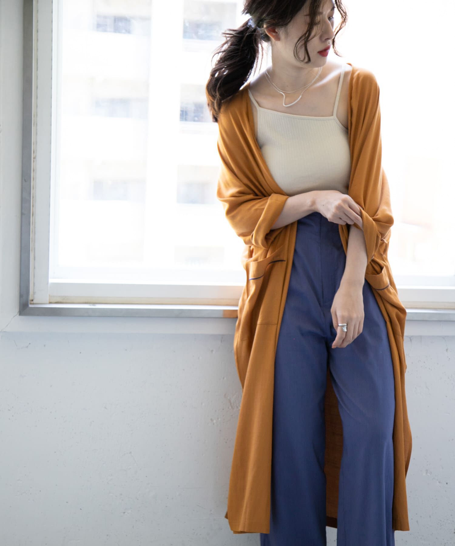  「カラーパイピングガウン&there4;」|ノーカラーコート|オレンジ系その他