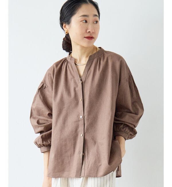  「麻コットンスタンドカラーブラウス」|シャツ・ブラウス|ブラウン