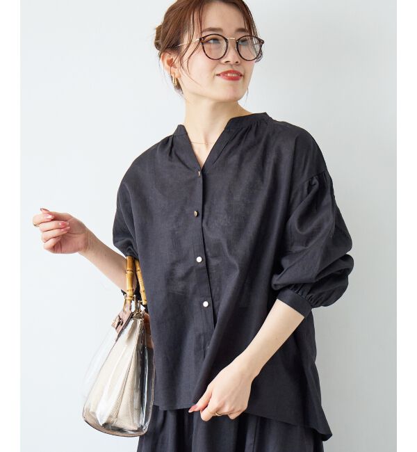  「麻コットンスタンドカラーブラウス」|シャツ・ブラウス|