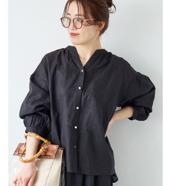  「麻コットンスタンドカラーブラウス」|シャツ・ブラウス|