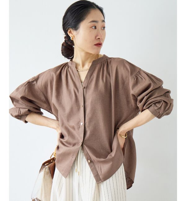  「麻コットンスタンドカラーブラウス」|シャツ・ブラウス|