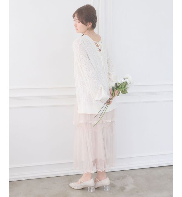  「レースアップスカシ柄ミディカーデ」|カーディガン|