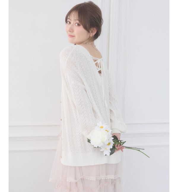  「レースアップスカシ柄ミディカーデ」|カーディガン|