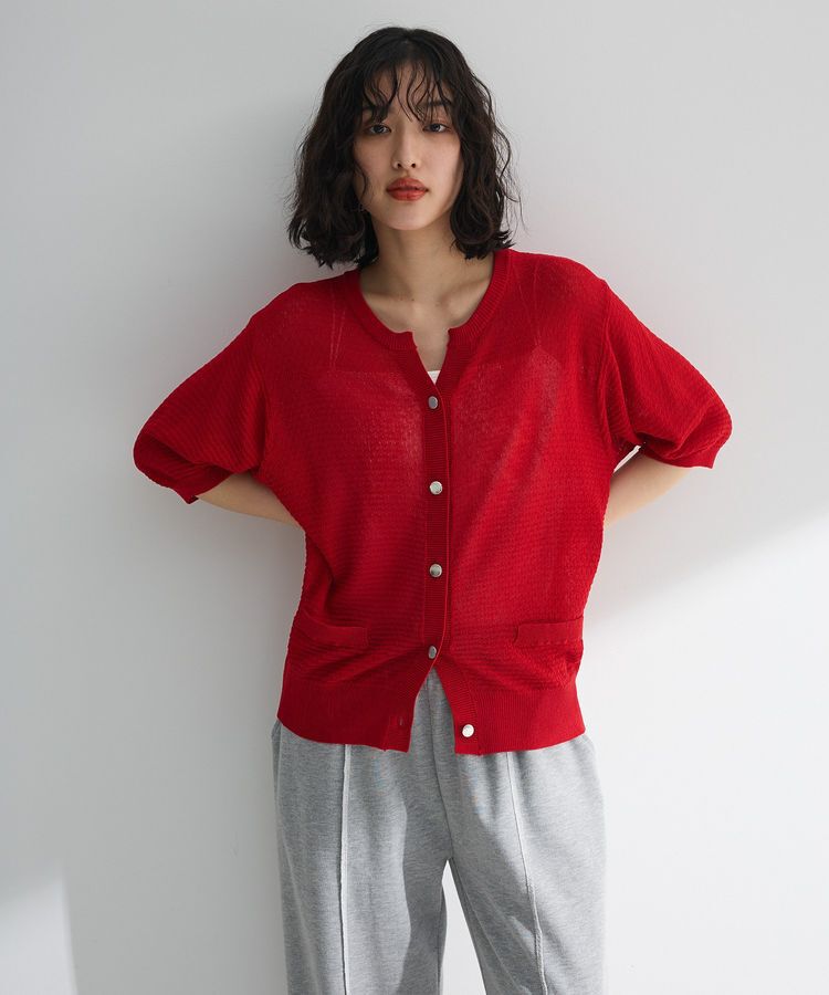 Green Parks「スキッパー半袖ニットカーディガン」|カーディガン|Red