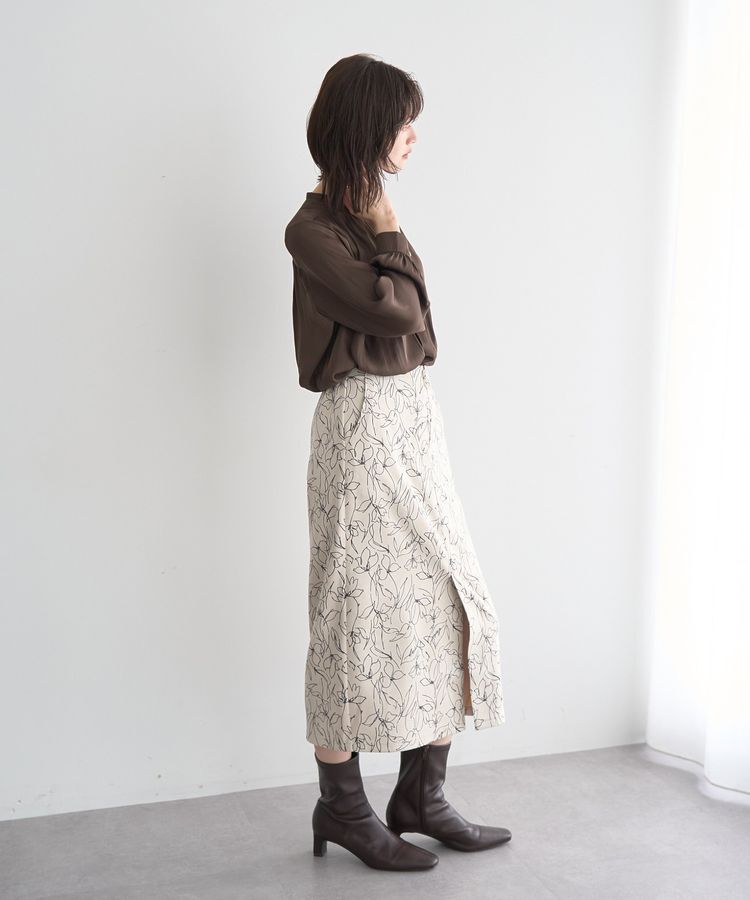 YECCA VECCA「ラインフラワー柄フェイクスエードスカート」|タイト|