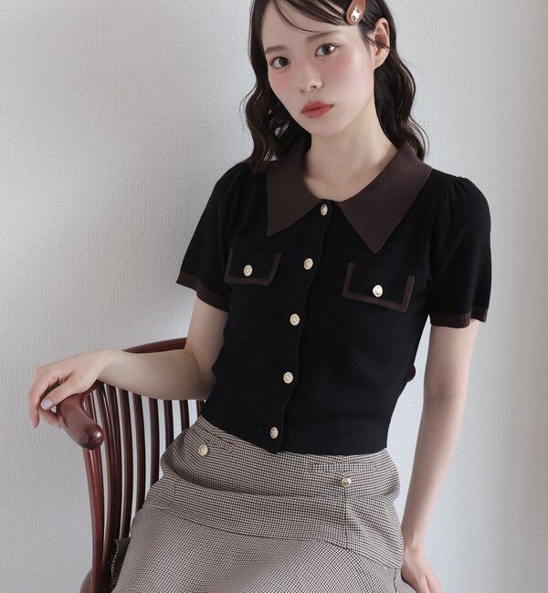  「金ボタン配色衿ニットトップス」|ニット・セーター|