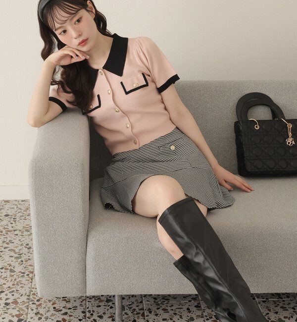  「金ボタン配色衿ニットトップス」|ニット・セーター|