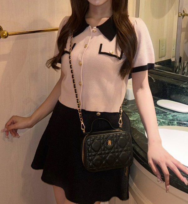  「金ボタン配色衿ニットトップス」|ニット・セーター|