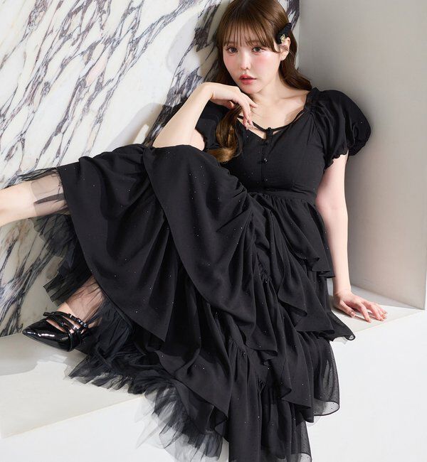  「【Black Ribbon Collection】バックリボンティアードワンピ」|ワンピース|