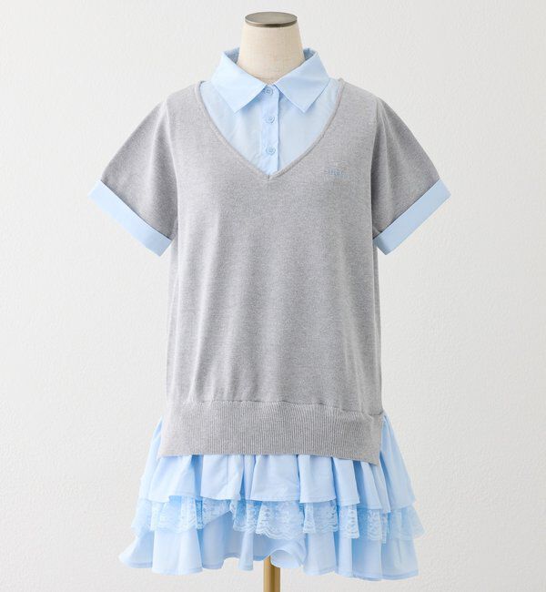  「ニットドッキング半袖チュニックシャツワンピース」|ワンピース|