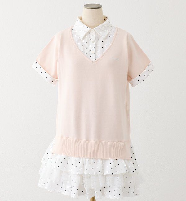  「ニットドッキング半袖チュニックシャツワンピース」|ワンピース|ピンク