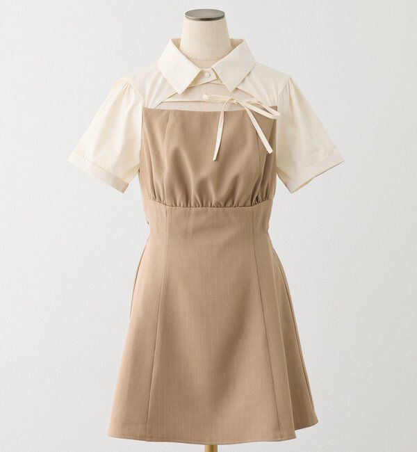  「サイドカット異素材ミニワンピース」|ワンピース|ベージュ