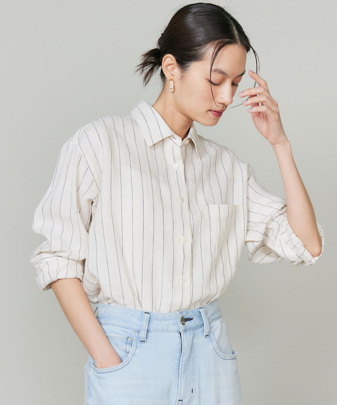 INED「《大きいサイズ》リネンレギュラーカラーシャツ」|シャツ・ブラウス|ストライプ1
