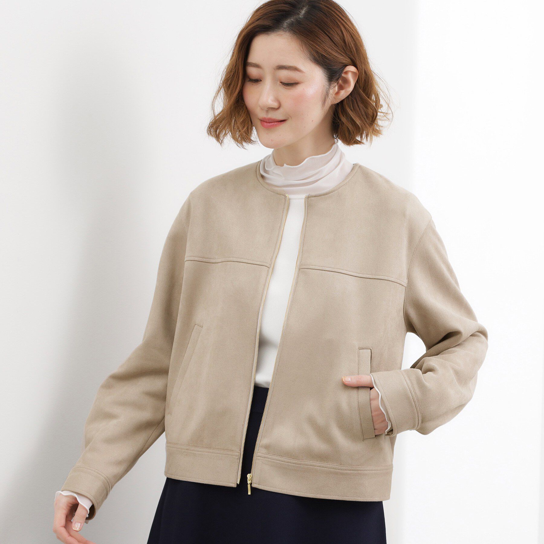 grove「スエードライク ノーカラーブルゾン」|ノーカラージャケット|